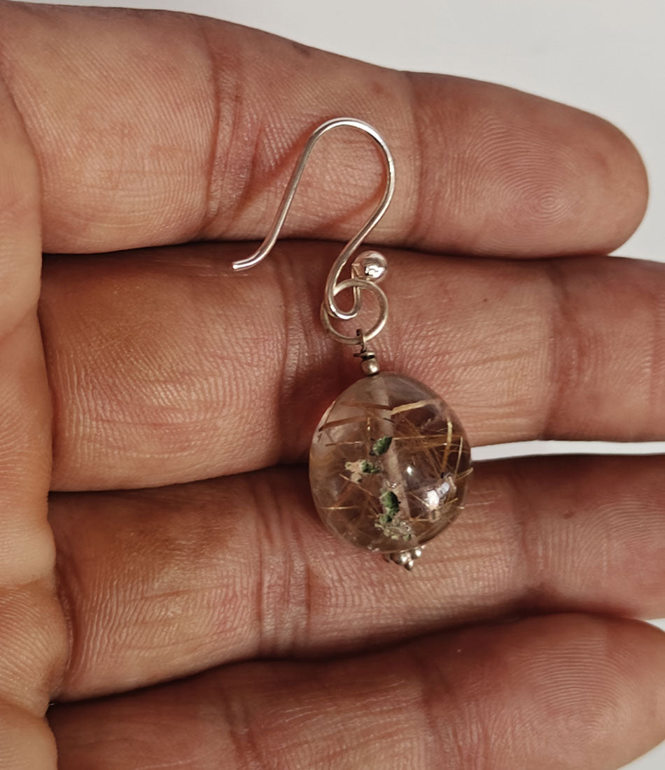 925 Sterling Silver Dangle Pair Earrings Round 10MM Rutile Quartz Gemstone Earring Drilled Set For Women or Girls Jewelry