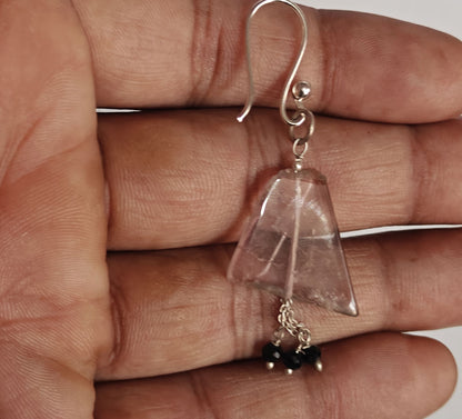 925 Sterling Silver Dangle Pair Earrings Triangle 10MM Rose Quartz Slice Gemstone Earring Drilled Set For Women or Girl's Jewelry