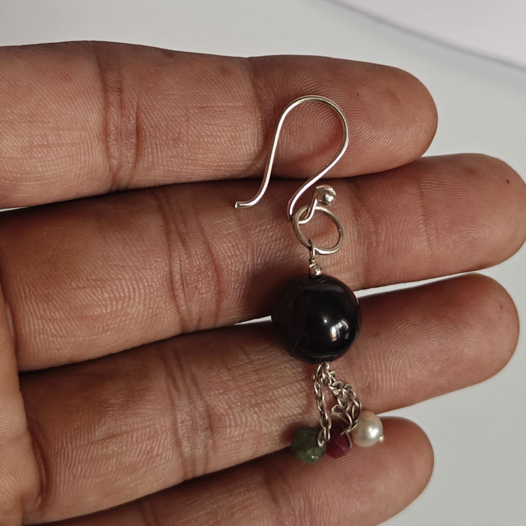 925 Sterling Silver Dangle Pair Earrings Round Shape 8MM Black Onyx Gemstone Earring Drilled Set For Women or Girl's Jewelry