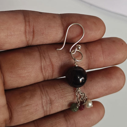 925 Sterling Silver Dangle Pair Earrings Round Shape 8MM Black Onyx Gemstone Earring Drilled Set For Women or Girl's Jewelry
