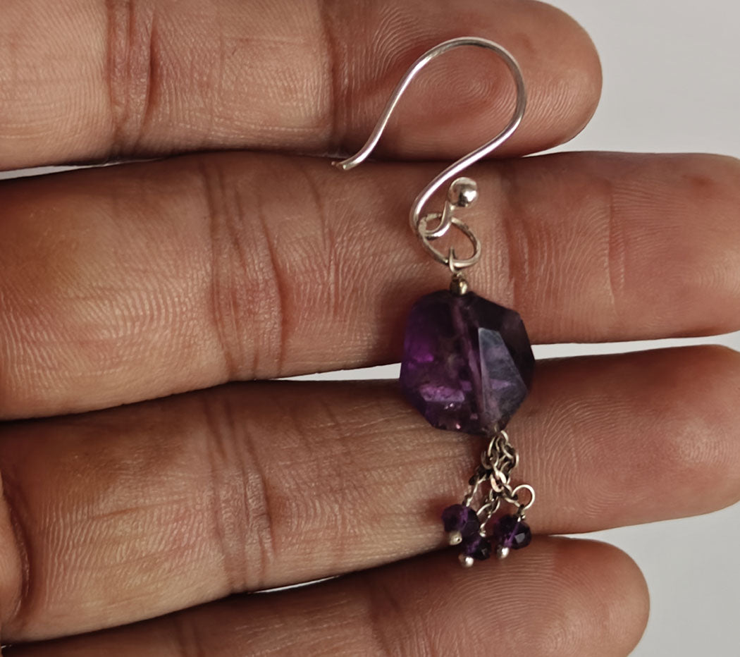 Handmade 925 Sterling Silver Dangle Pair Earrings Round Shape 8MM Amethyst Cut Gemstone Earring Drilled Set For Women or Girl's Jewelry