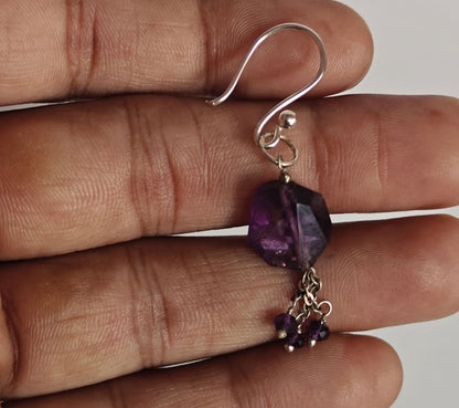 Handmade 925 Sterling Silver Dangle Pair Earrings Round Shape 8MM Amethyst Cut Gemstone Earring Drilled Set For Women or Girl's Jewelry