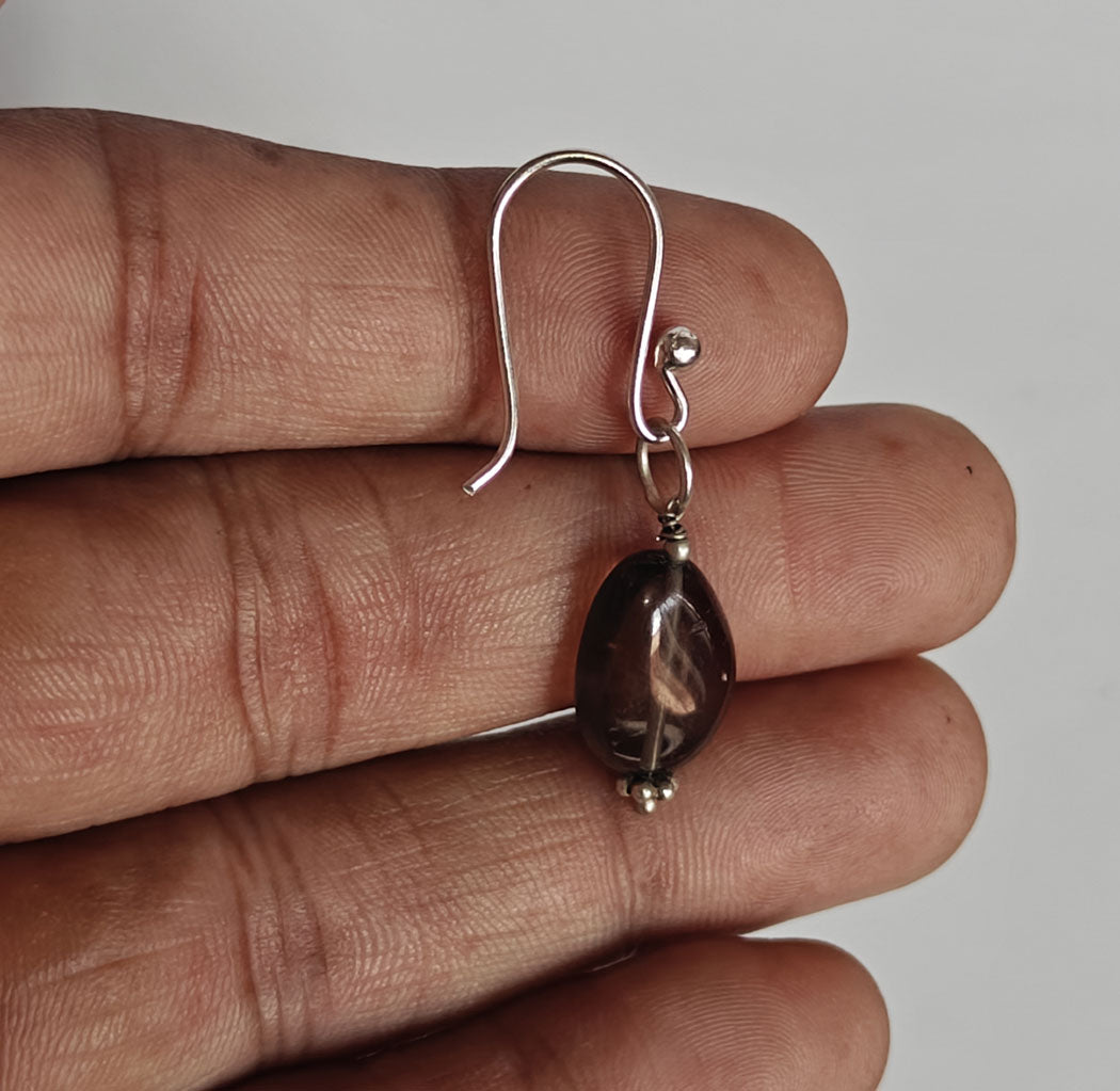 Handmade 925 Sterling Silver Dangle Pair Earrings Round Shape 8MM Smoky Quartz Beads Gemstone Earring Drilled Set For Women or Girl's Jewelry