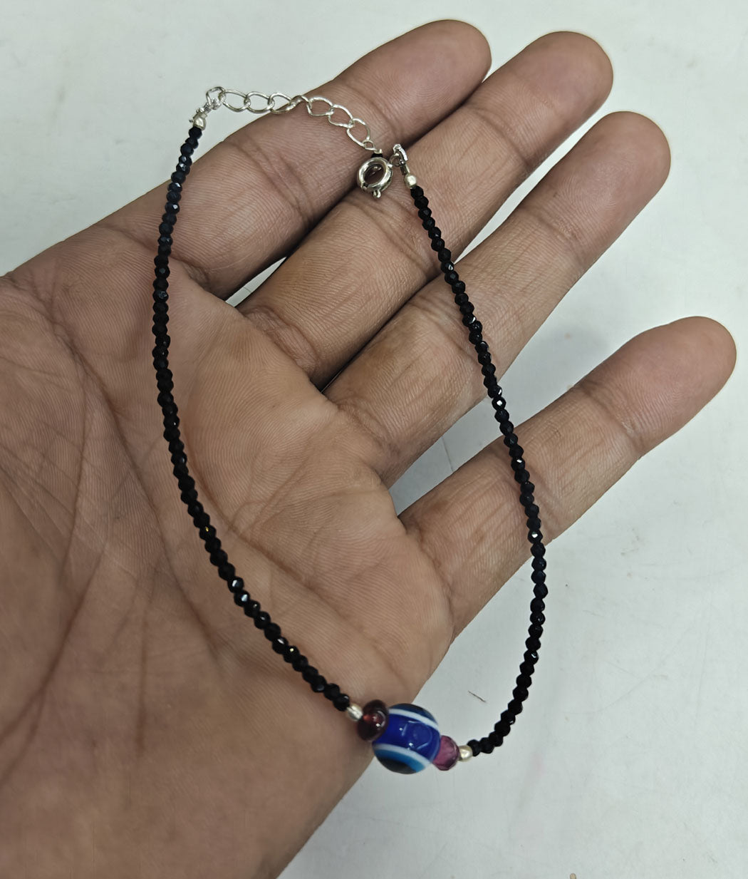 925 Sterling Silver Bracelet Handmade Round Shape 8MM Blue Agate Beads Gemstone Bracelet or 3MM Black Onyx Beads Adjustable Bracelet Drilled Set For Friendship Gift's