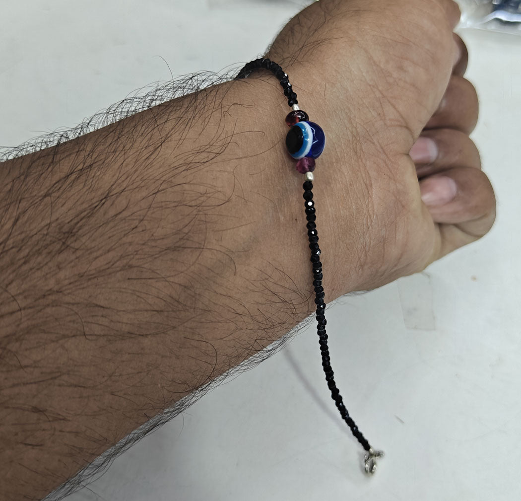 925 Sterling Silver Bracelet Handmade Round Shape 8MM Blue Agate Beads Gemstone Bracelet or 3MM Black Onyx Beads Adjustable Bracelet Drilled Set For Friendship Gift's