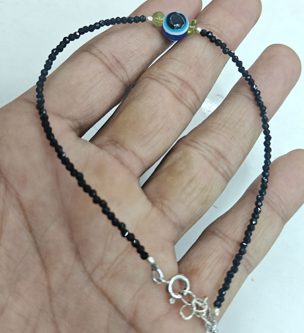 925 Sterling Silver Bracelet Handmade Round Shape 8MM Blue Agate Beads Gemstone Bracelet or 3MM Black Onyx Beads Adjustable Bracelet Drilled Set For Friendship Gift's