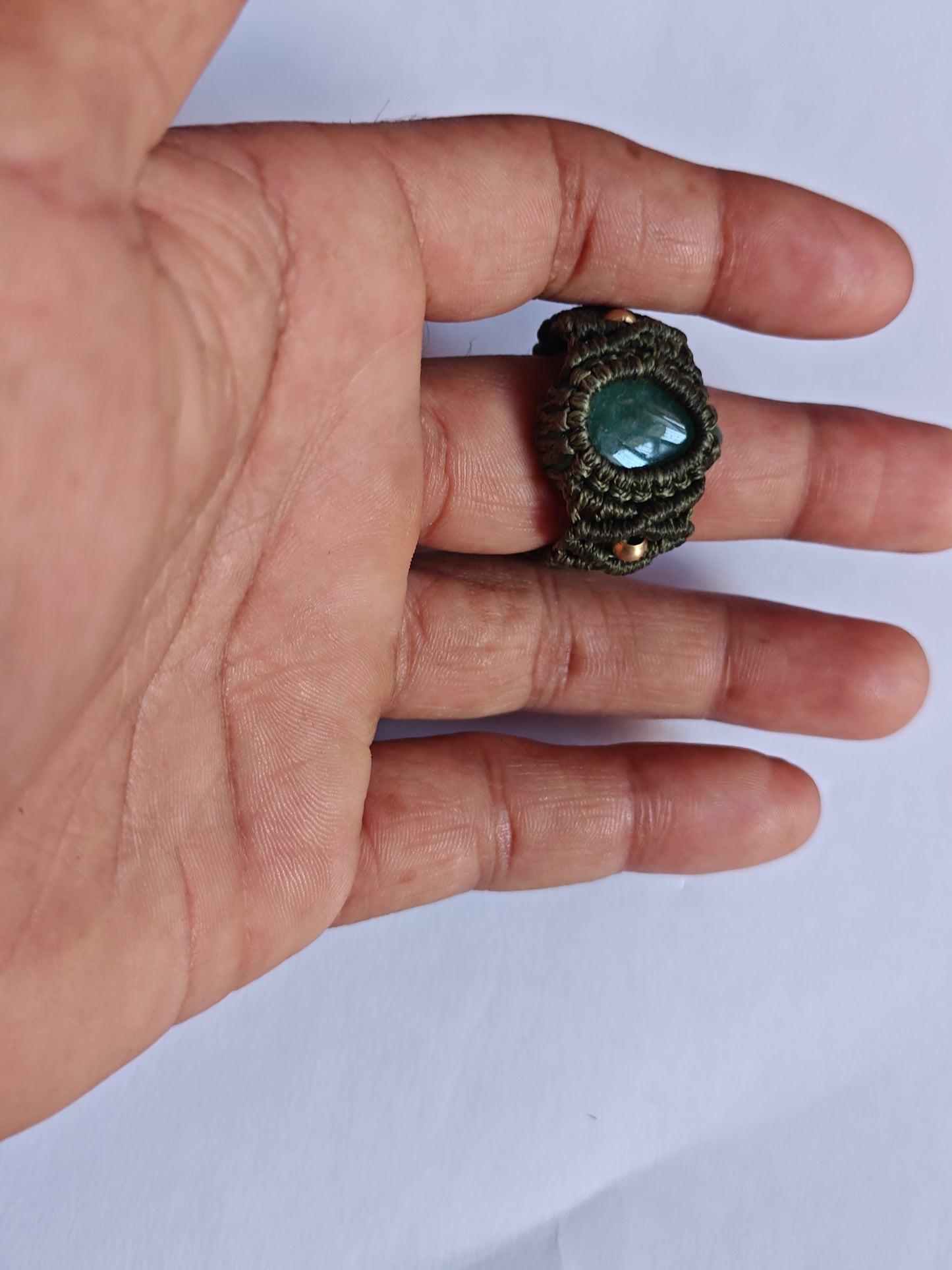 Handmade Macrame Ring with Green Gemstone | Hari Om Creations