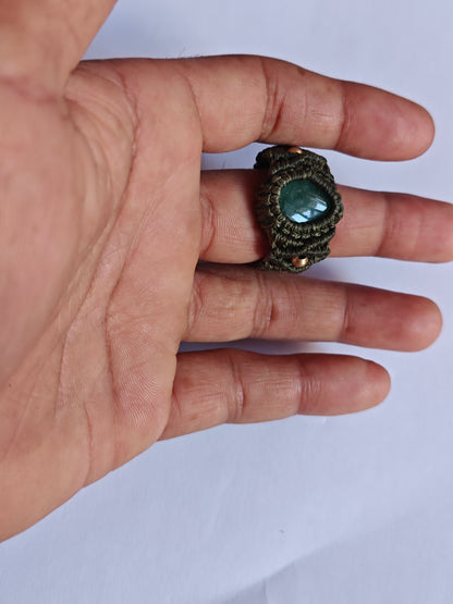 Handmade Macrame Ring with Green Gemstone | Hari Om Creations