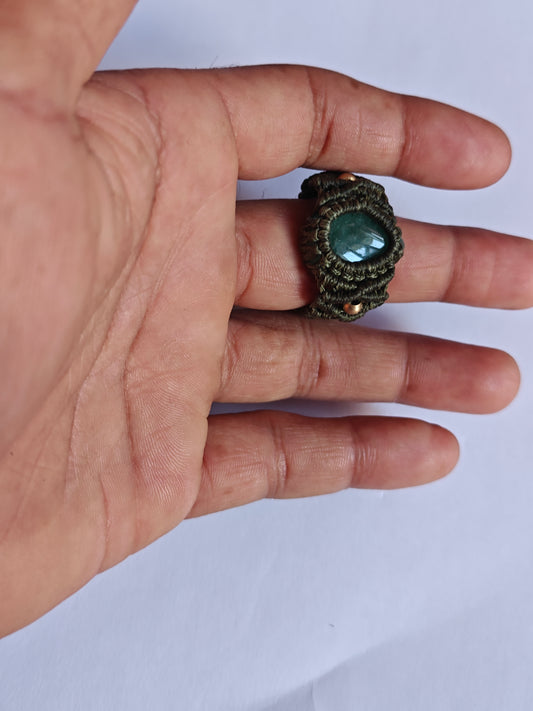 Handmade Macrame Ring with Green Gemstone | Hari Om Creations