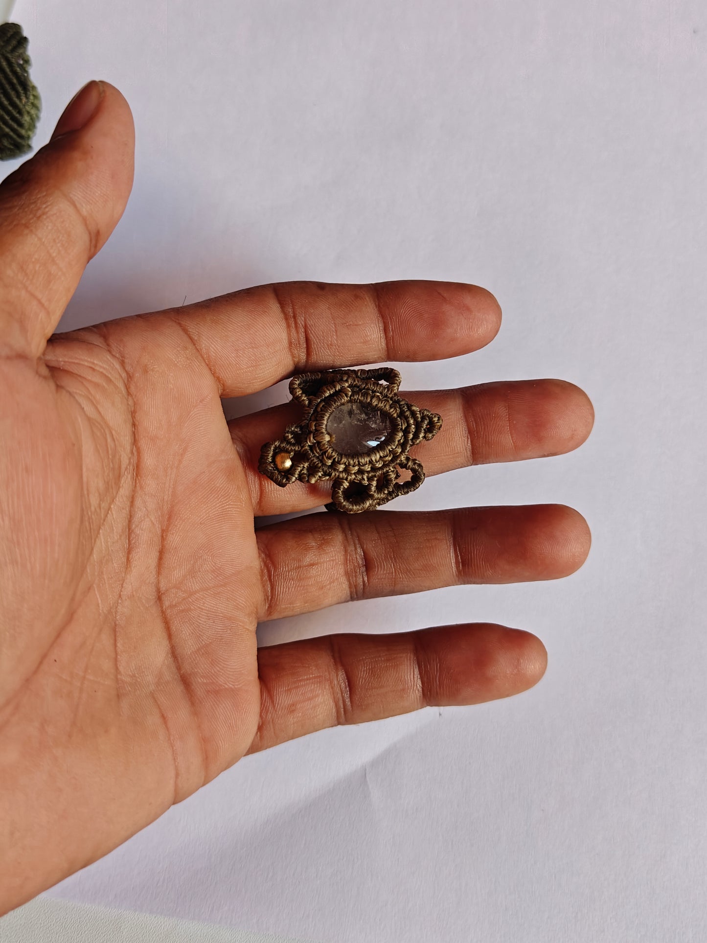 Handmade Macrame Ring with Green Gemstone | Hari Om Creations