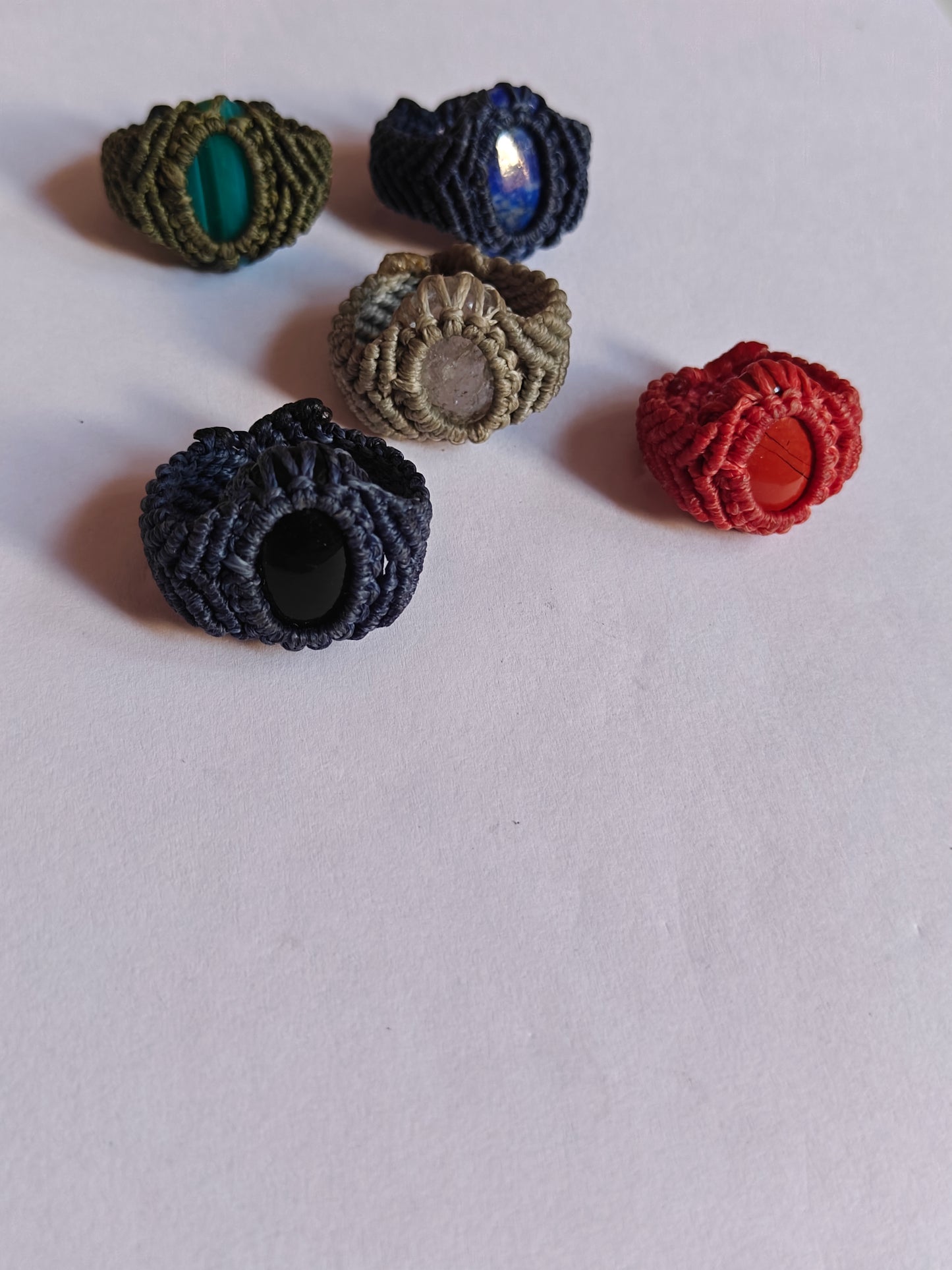 Boho Macrame Gemstone Rings Pack – Red Blue Green Black Beige