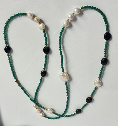 Handmade 10To15mm White Pearl With Black Onyx Uneven Shape Metal Chain Necklace Bezel With Drilled Set Jewelry For Women Gift
