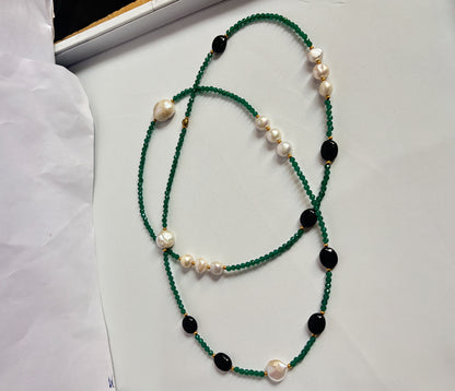 Handmade 10To15mm White Pearl With Black Onyx Uneven Shape Metal Chain Necklace Bezel With Drilled Set Jewelry For Women Gift