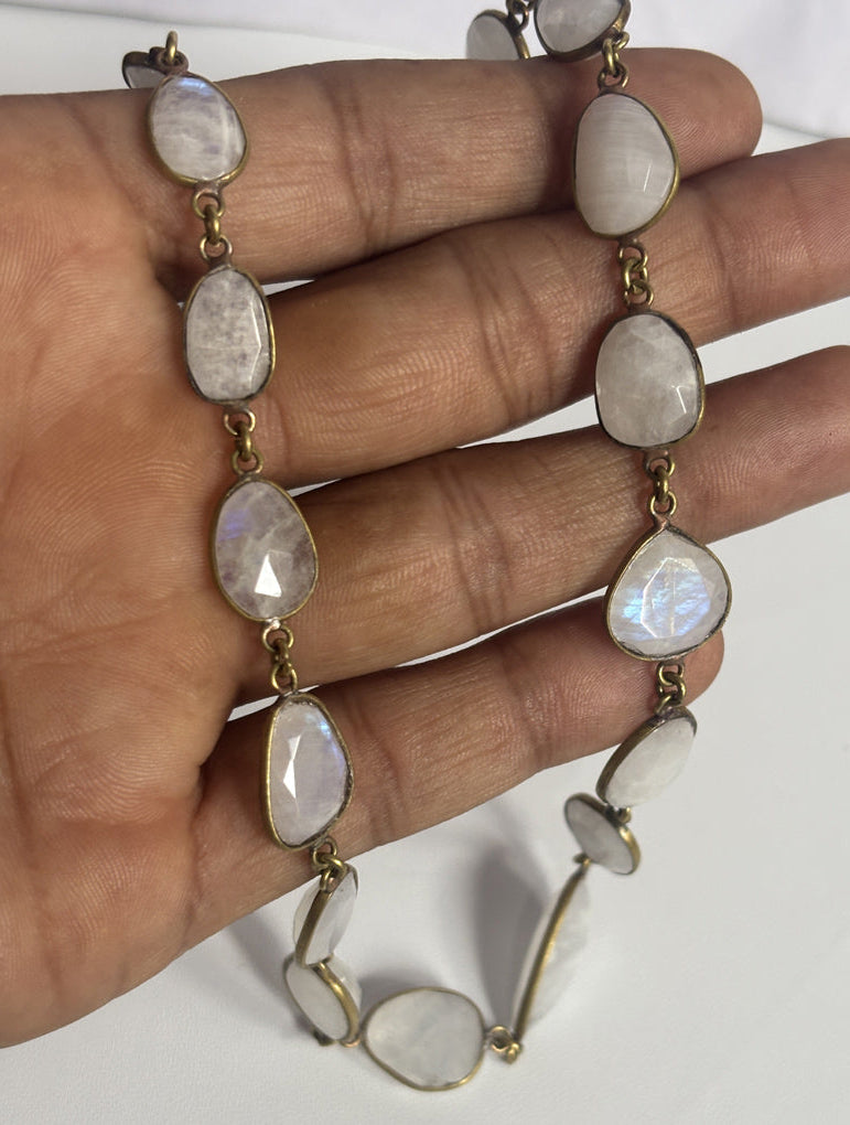 Handmade 8mm Rainbow Moonstone Beads Gems Uneven Shape Metal Chain Necklace Bezel With Set Jewelry For Women Gift Metal Brass Necklace Jewelry