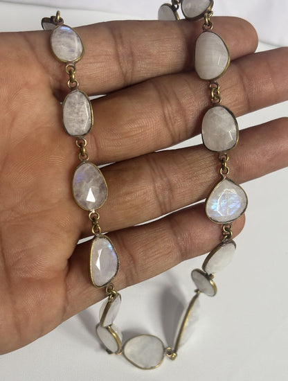 Handmade 8mm Rainbow Moonstone Beads Gems Uneven Shape Metal Chain Necklace Bezel With Set Jewelry For Women Gift Metal Brass Necklace Jewelry