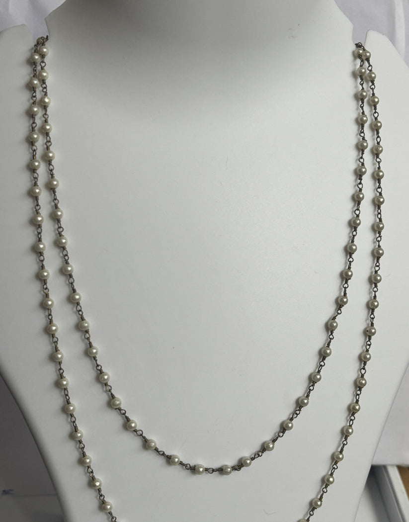 Handmade 3mm White Pearl Beads Gems Round Shape Metal Chain Necklace Bezel With Set Jewelry For Women Gift Metal Brass Necklace Jewelry