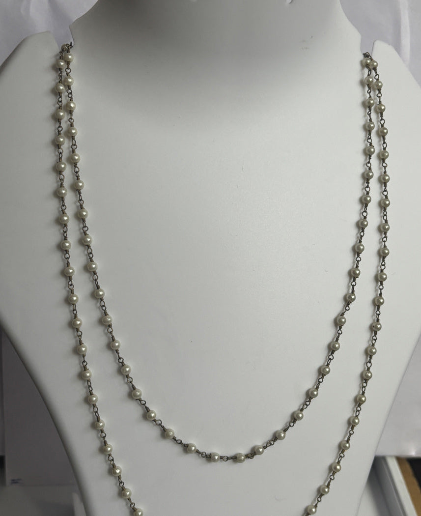 Handmade 3mm White Pearl Beads Gems Round Shape Metal Chain Necklace Bezel With Set Jewelry For Women Gift Metal Brass Necklace Jewelry
