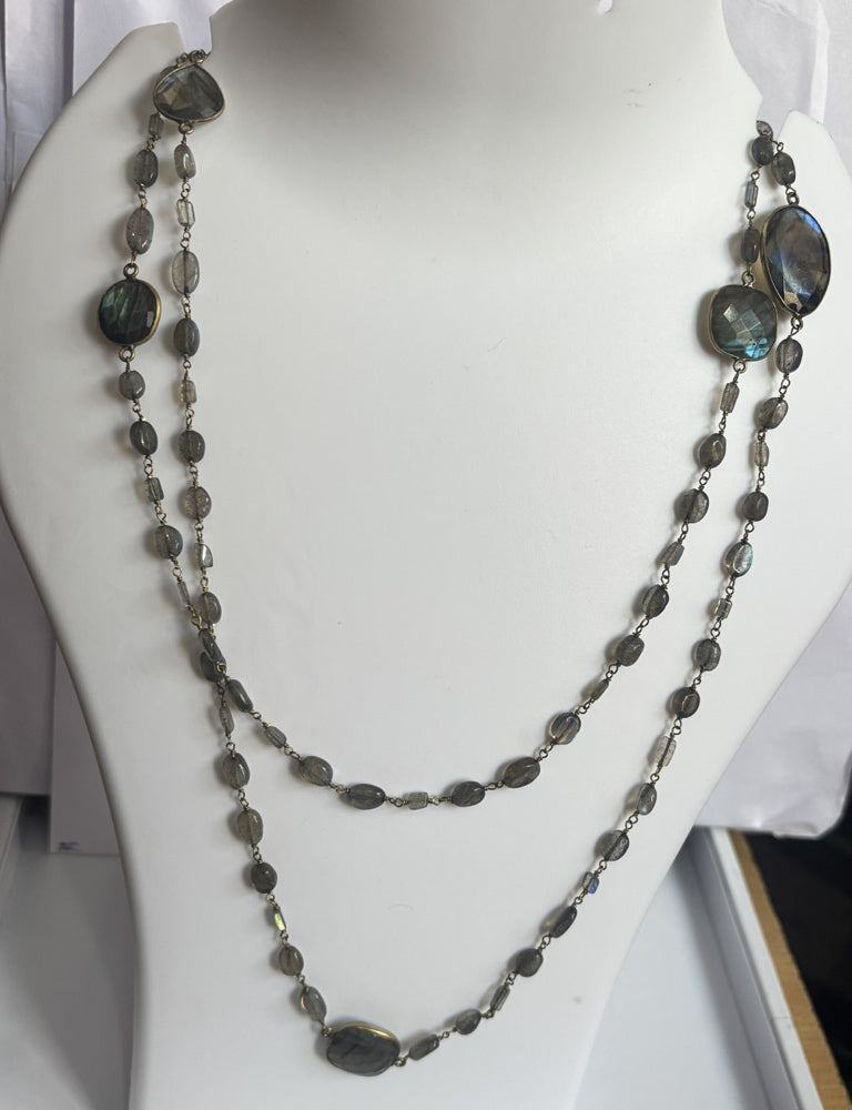 Handmade 7To25mm Labradorite Beads Gems Uneven Shape Metal Chain Necklace Bezel With Drilled Set Jewelry For Women Gift Metal Brass Necklace Jewelry
