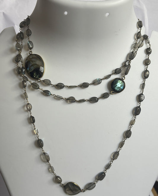 Handmade 7To25mm Labradorite Beads Gems Uneven Shape Metal Chain Necklace Bezel With Drilled Set Jewelry For Women Gift Metal Brass Necklace Jewelry
