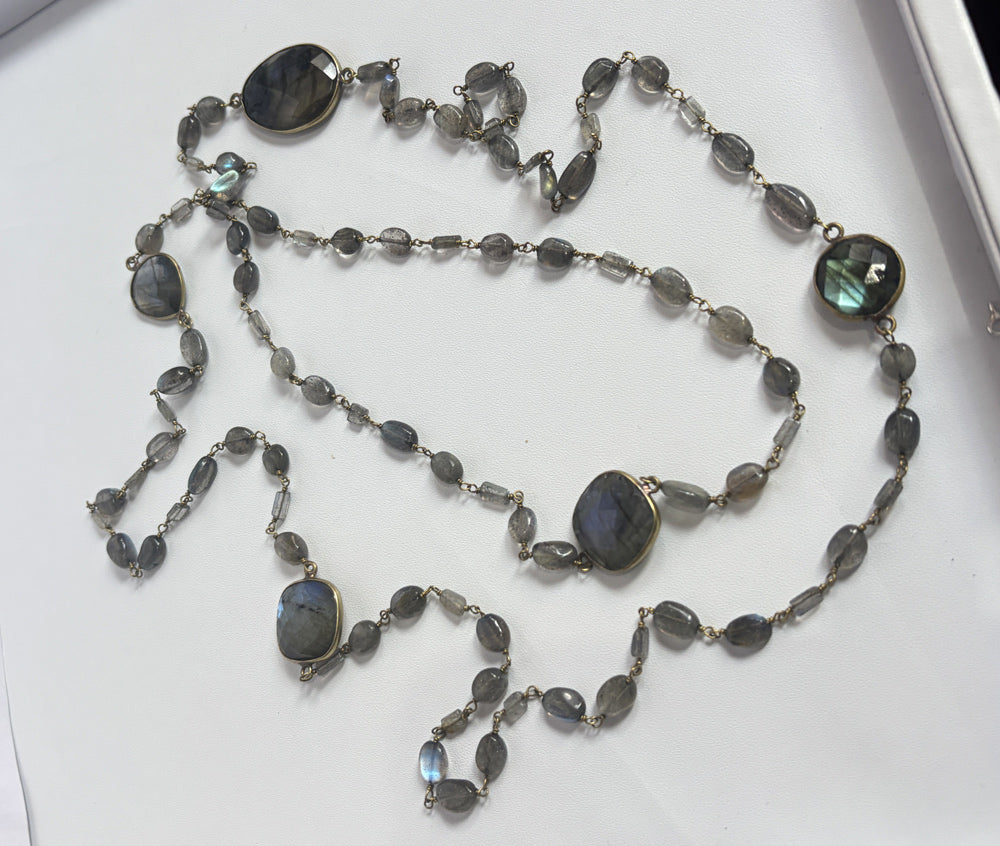 Handmade 7To25mm Labradorite Beads Gems Uneven Shape Metal Chain Necklace Bezel With Drilled Set Jewelry For Women Gift Metal Brass Necklace Jewelry