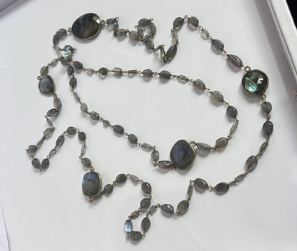 Handmade 7To25mm Labradorite Beads Gems Uneven Shape Metal Chain Necklace Bezel With Drilled Set Jewelry For Women Gift Metal Brass Necklace Jewelry