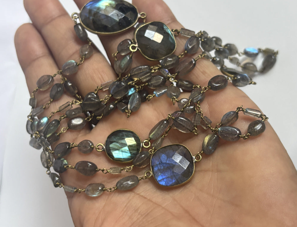 Handmade 7To25mm Labradorite Beads Gems Uneven Shape Metal Chain Necklace Bezel With Drilled Set Jewelry For Women Gift Metal Brass Necklace Jewelry