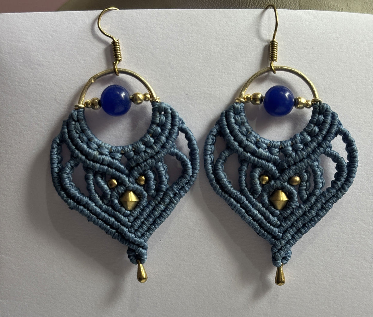 Macrame Dangle Golden Brass Earrings with Blue Cords