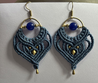 Macrame Dangle Golden Brass Earrings with Blue Cords