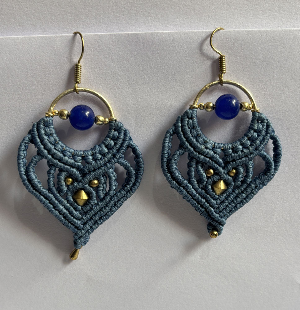 Macrame Dangle Golden Brass Earrings with Blue Cords