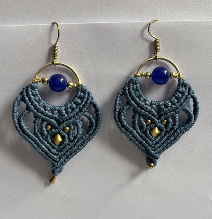 Macrame Dangle Golden Brass Earrings with Blue Cords