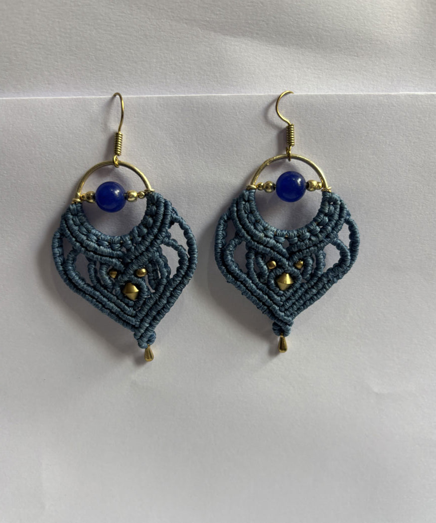 Macrame Dangle Golden Brass Earrings with Blue Cords
