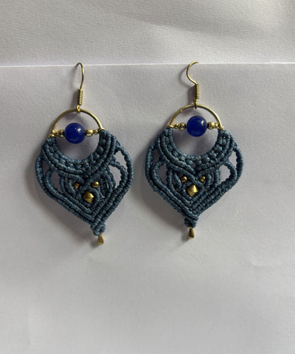 Macrame Dangle Golden Brass Earrings with Blue Cords