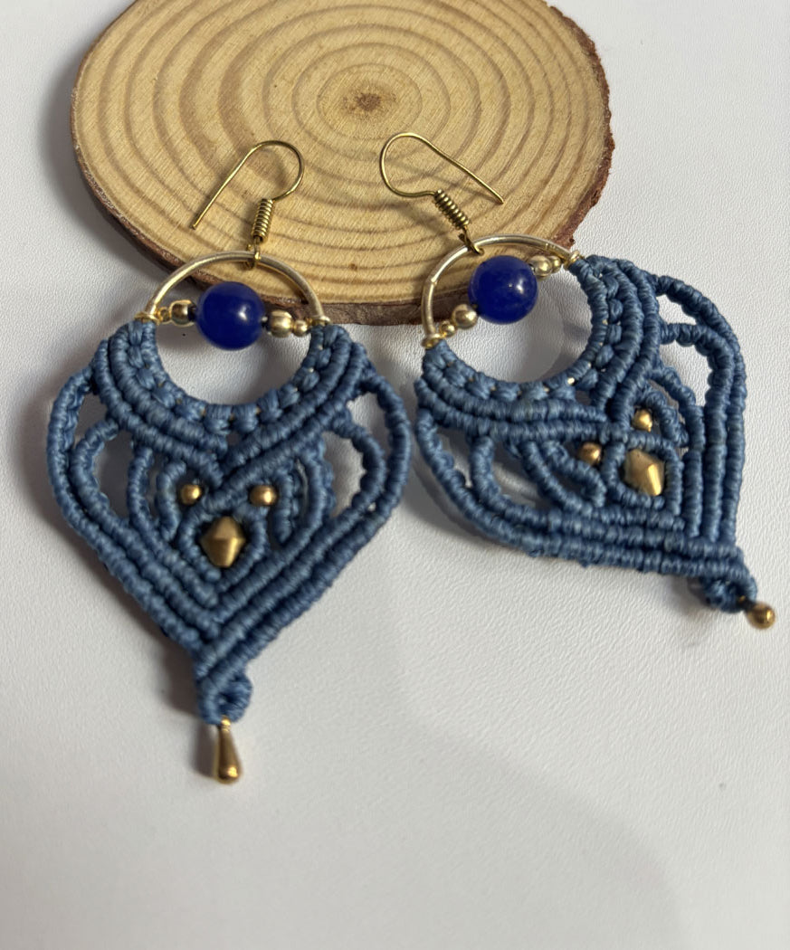 Macrame Dangle Golden Brass Earrings with Blue Cords