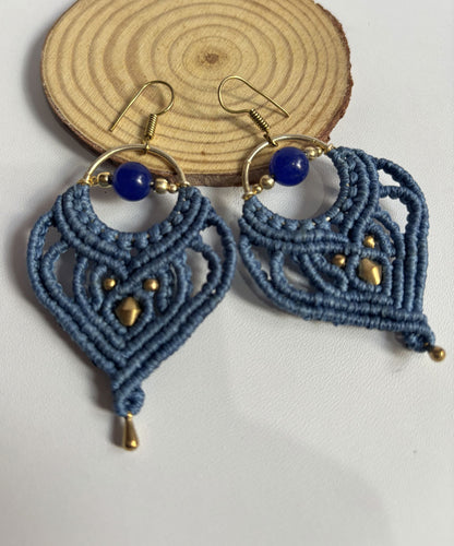Macrame Dangle Golden Brass Earrings with Blue Cords