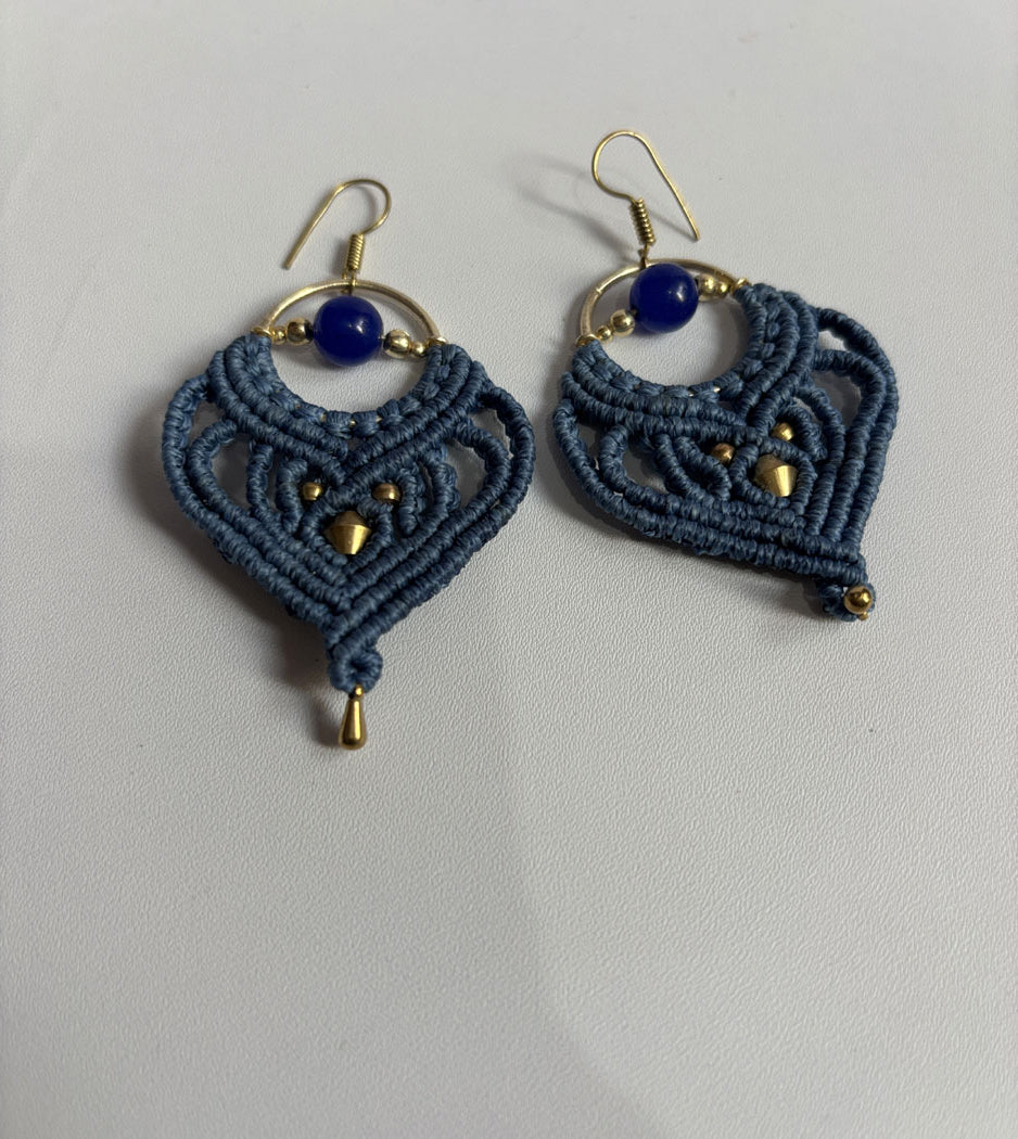 Macrame Dangle Golden Brass Earrings with Blue Cords