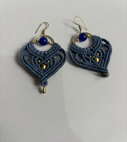 Macrame Dangle Golden Brass Earrings with Blue Cords
