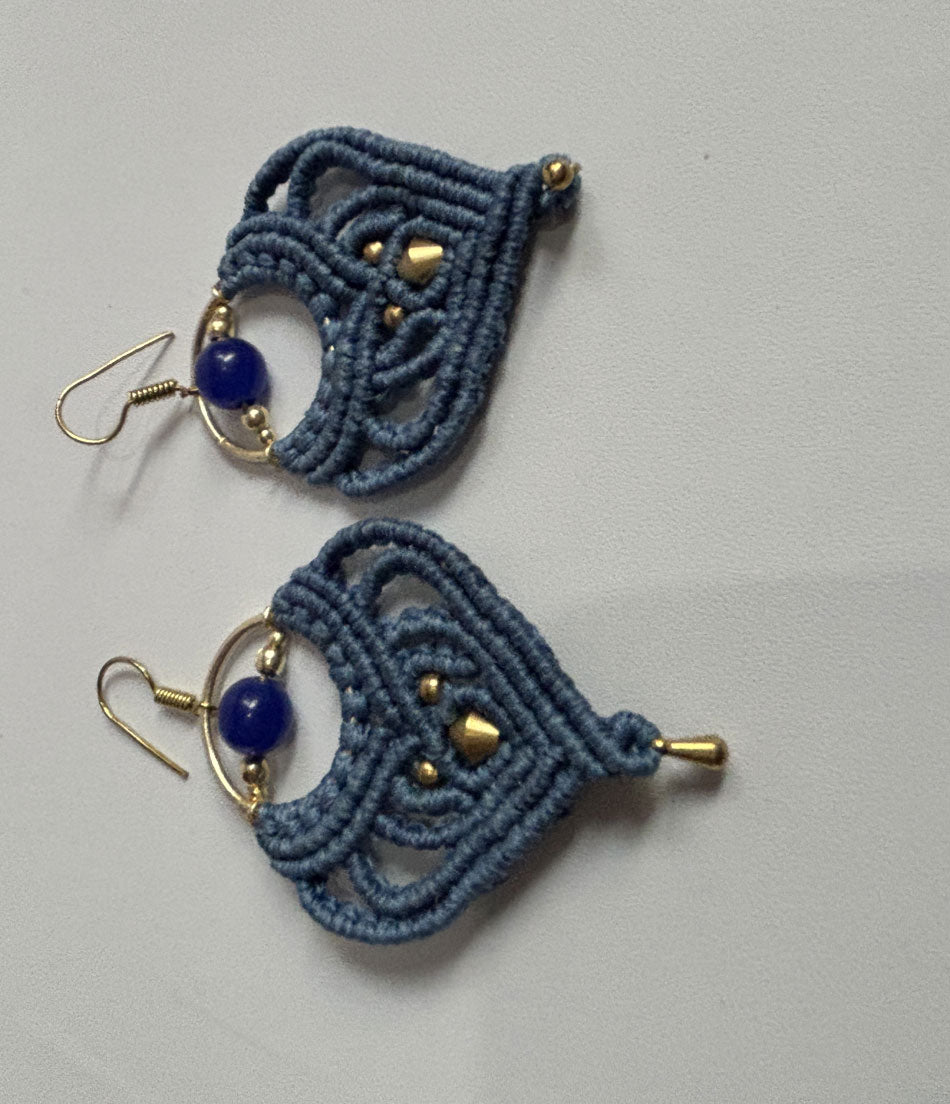 Macrame Dangle Golden Brass Earrings with Blue Cords