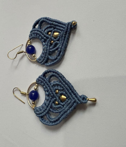 Macrame Dangle Golden Brass Earrings with Blue Cords