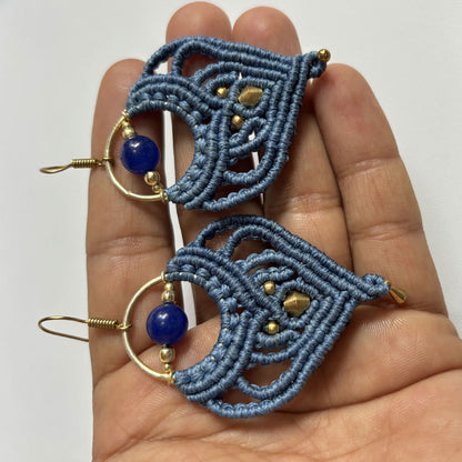 Macrame Dangle Golden Brass Earrings with Blue Cords