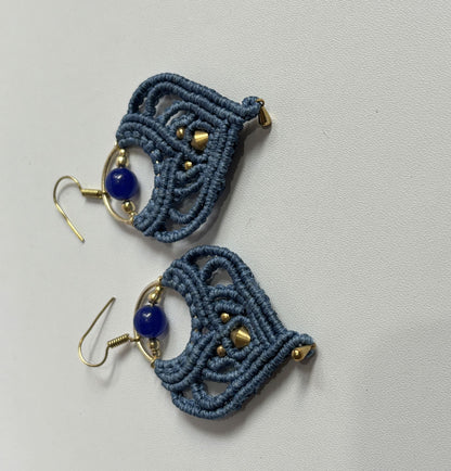 Macrame Dangle Golden Brass Earrings with Blue Cords