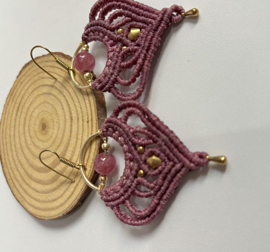 Macrame Dangle Golden Brass Earrings with Green Cords