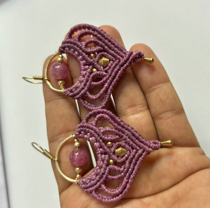 Macrame Dangle Golden Brass Earrings with Green Cords