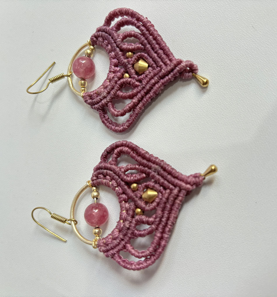 Macrame Dangle Golden Brass Earrings with Green Cords