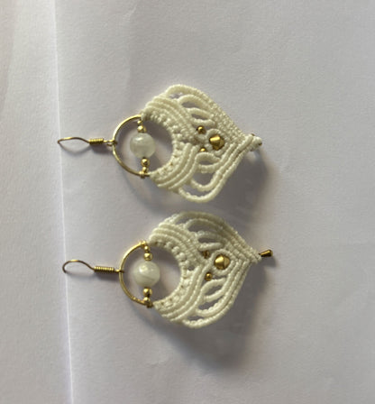 Macrame Dangle Golden Brass Earrings with White Beads