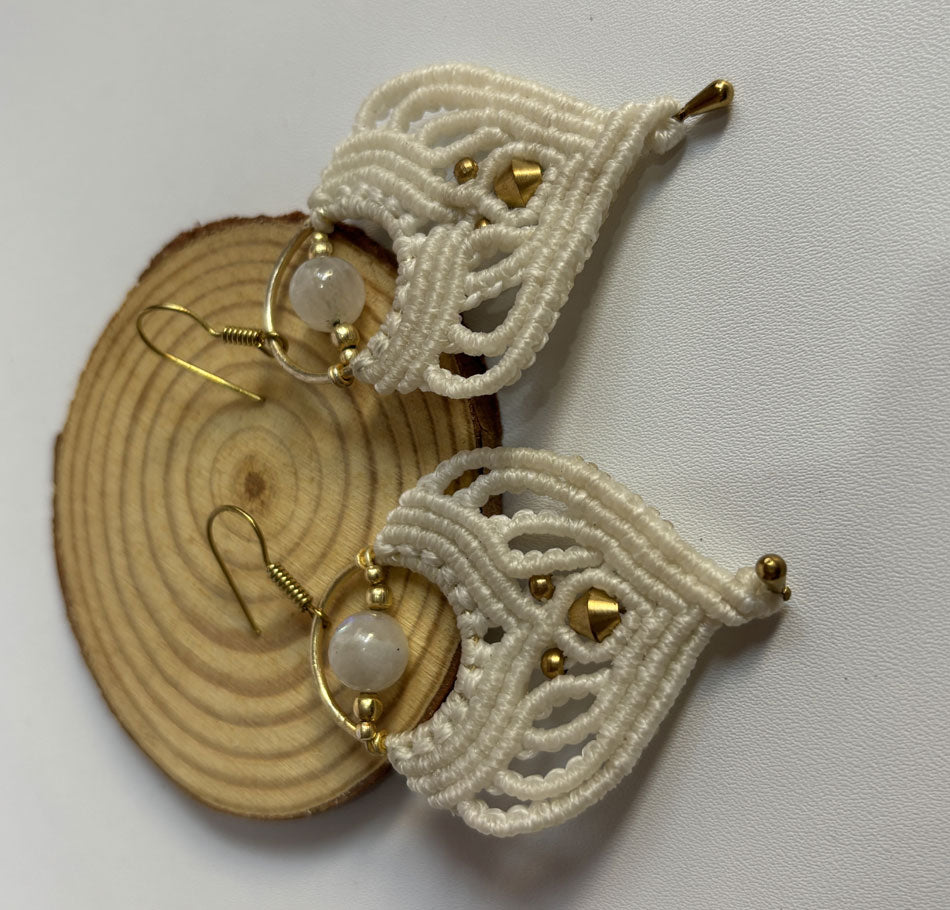 Macrame Dangle Golden Brass Earrings with White Beads