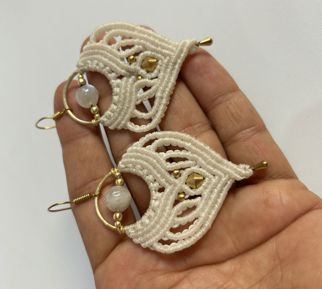 Macrame Dangle Golden Brass Earrings with White Beads
