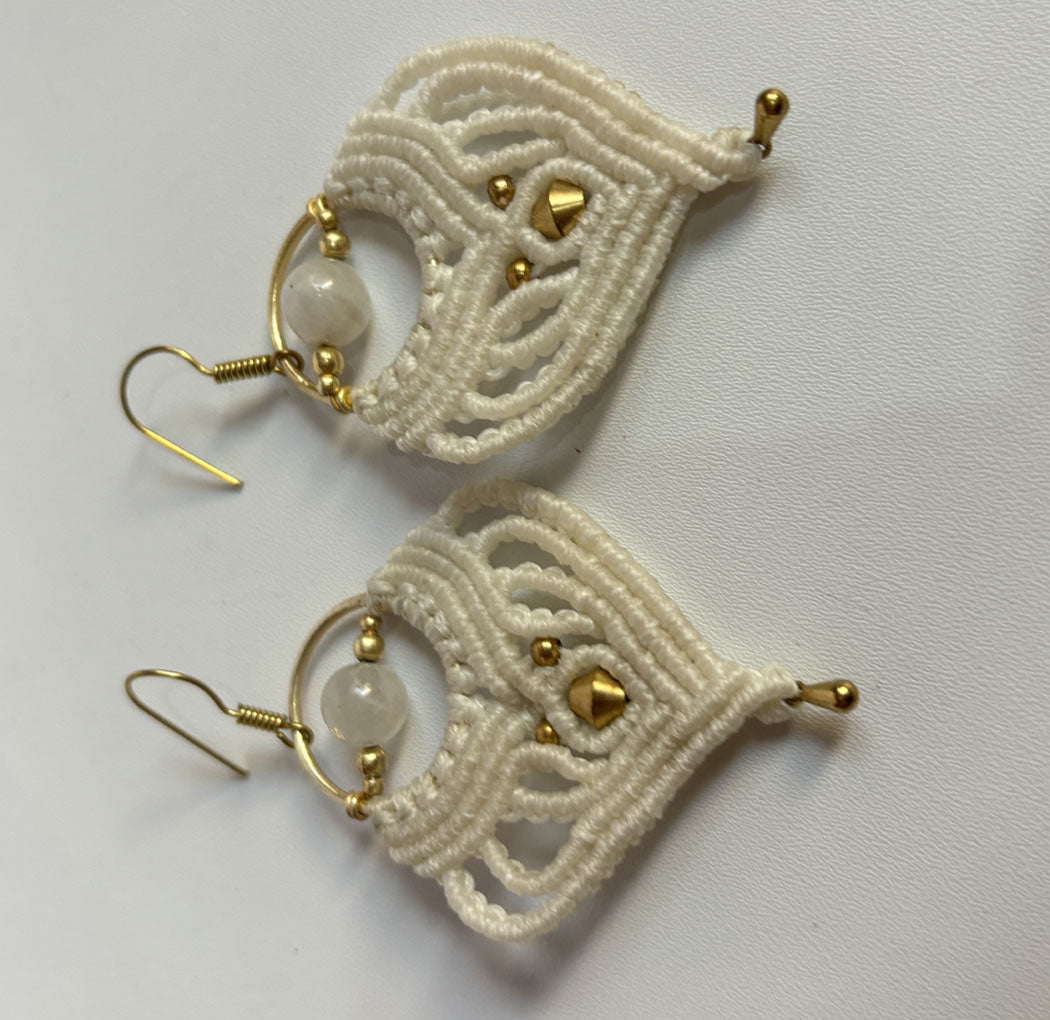 Macrame Dangle Golden Brass Earrings with White Beads