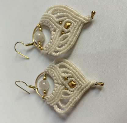 Macrame Dangle Golden Brass Earrings with White Beads