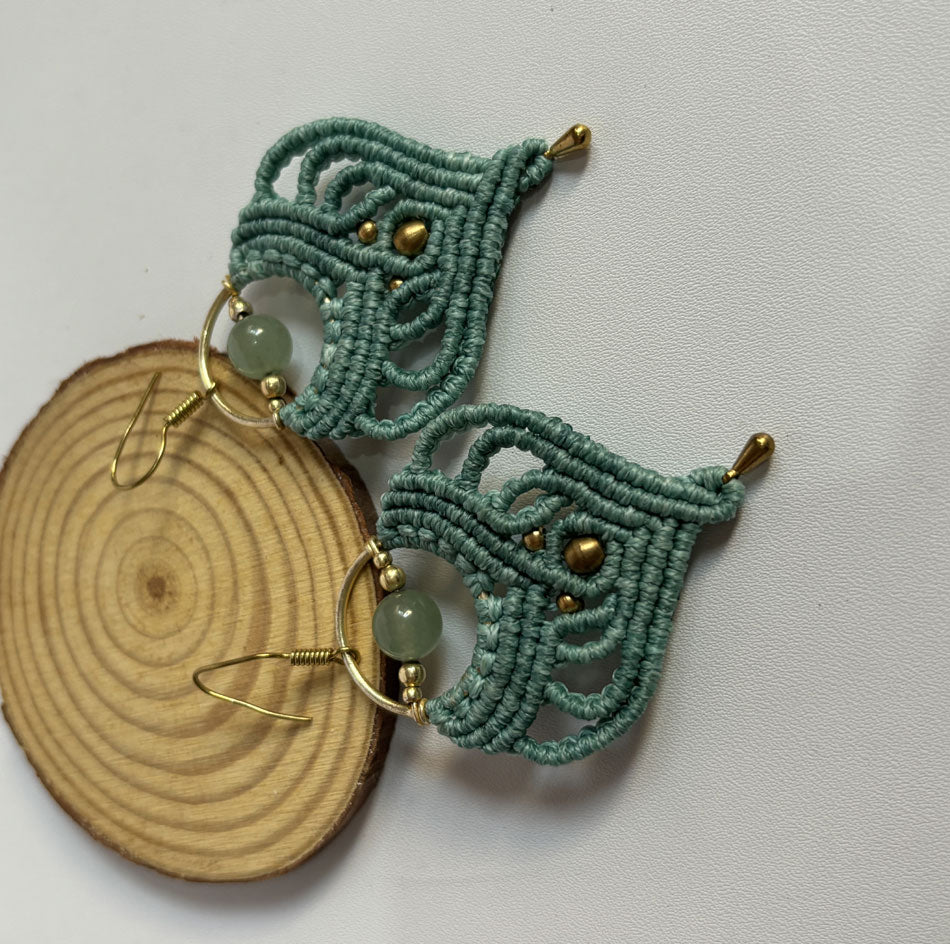 Macrame Dangle Golden Brass Earrings with Green Threads