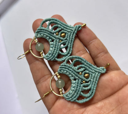 Macrame Dangle Golden Brass Earrings with Green Threads
